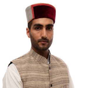 Kinnauri Heritage Cap – Maroon/Green (Silver Grey Base)