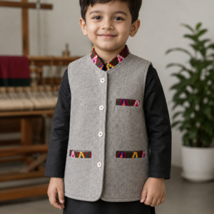 Handcrafted Kids Kullu Wool Nehru Jacket – with Traditional Kullu Border